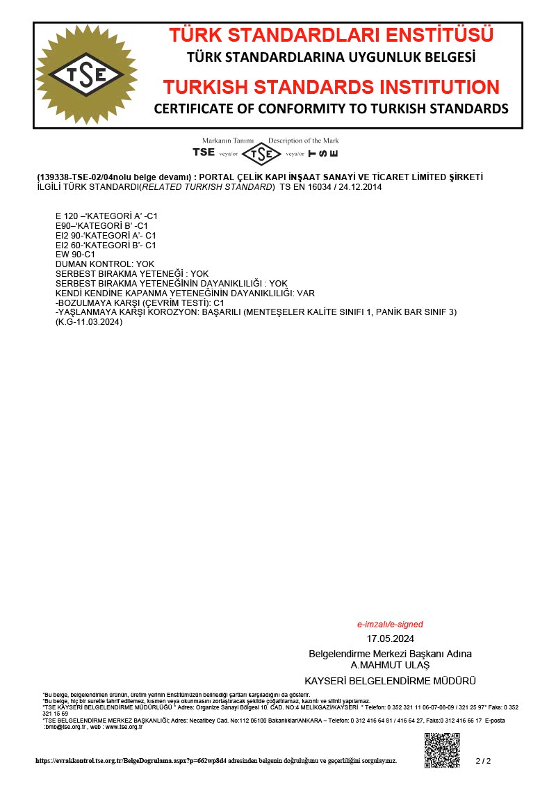 Portal Çelik Kapı Belgelerimiz