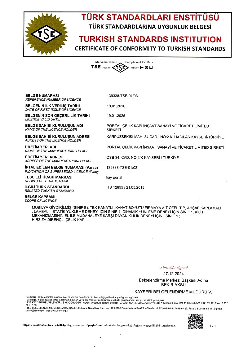 Portal Çelik Kapı Belgelerimiz