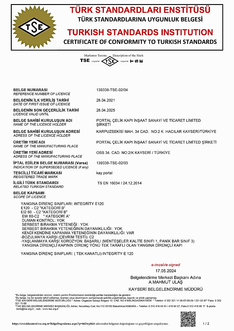 Portal Çelik Kapı Belgelerimiz